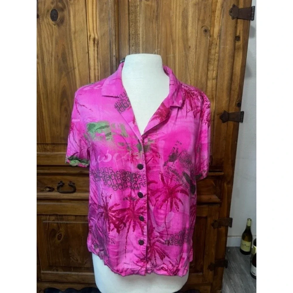 Caribbean Joe Pink Tropical Palm Tree Print Button Front Shirt Petite Womens M - Picture 3 of 7